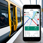 **

> Modern, clean user interface design for a public transportation app. Focus on offline functionality and data compression. Depict commuters with diverse devices in a typical Swedish setting, like a bus or train, perhaps during a snowy winter day. Show simplified, clear travel information despite a weak cellular signal. Consider a "Jakob's Law" approach, mimicking familiar transport apps.

**