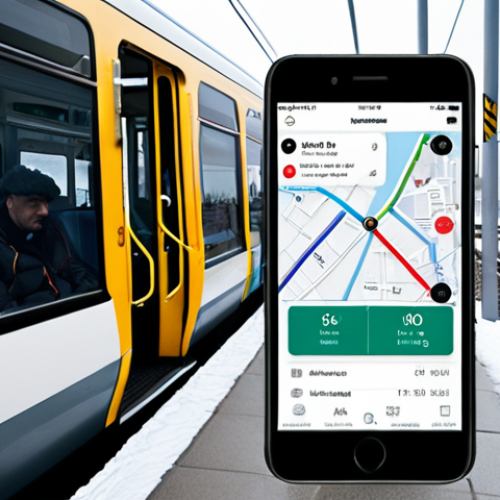 **

> Modern, clean user interface design for a public transportation app. Focus on offline functionality and data compression. Depict commuters with diverse devices in a typical Swedish setting, like a bus or train, perhaps during a snowy winter day. Show simplified, clear travel information despite a weak cellular signal. Consider a "Jakob's Law" approach, mimicking familiar transport apps.

**