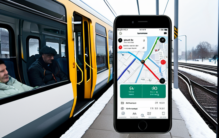 **
> Modern, clean user interface design for a public transportation app. Focus on offline functionality and data compression. Depict commuters with diverse devices in a typical Swedish setting, like a bus or train, perhaps during a snowy winter day. Show simplified, clear travel information despite a weak cellular signal. Consider a "Jakob's Law" approach, mimicking familiar transport apps.
**